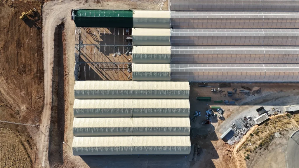 Aerial view of a Greenteque greenhouse under construction